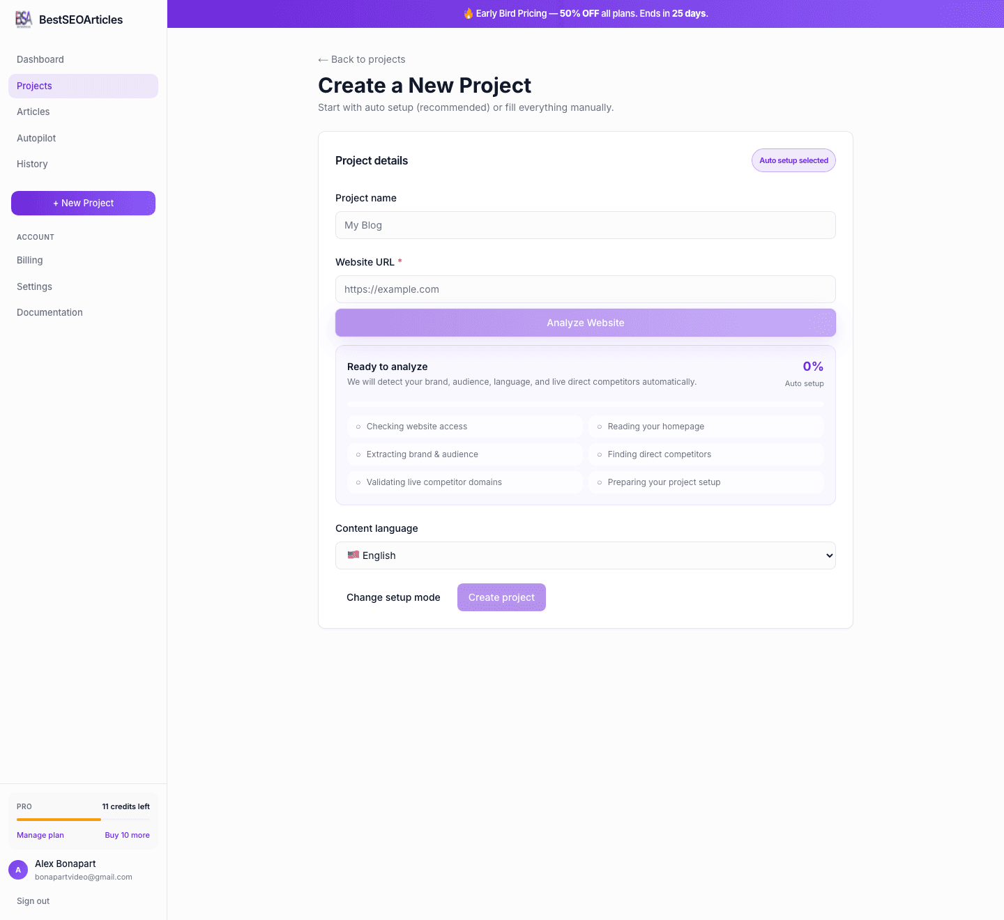 New project form in BestSEOArticles