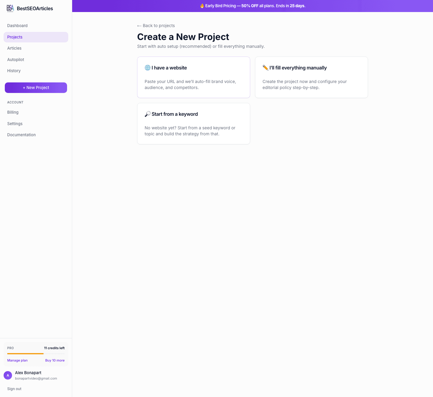 Website analysis running on the new project page