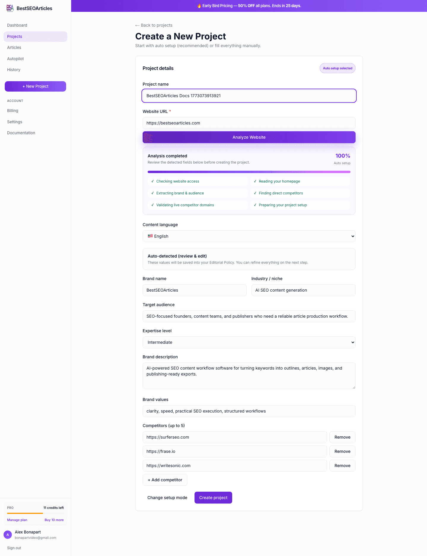 Completed auto-analysis result on the new project page