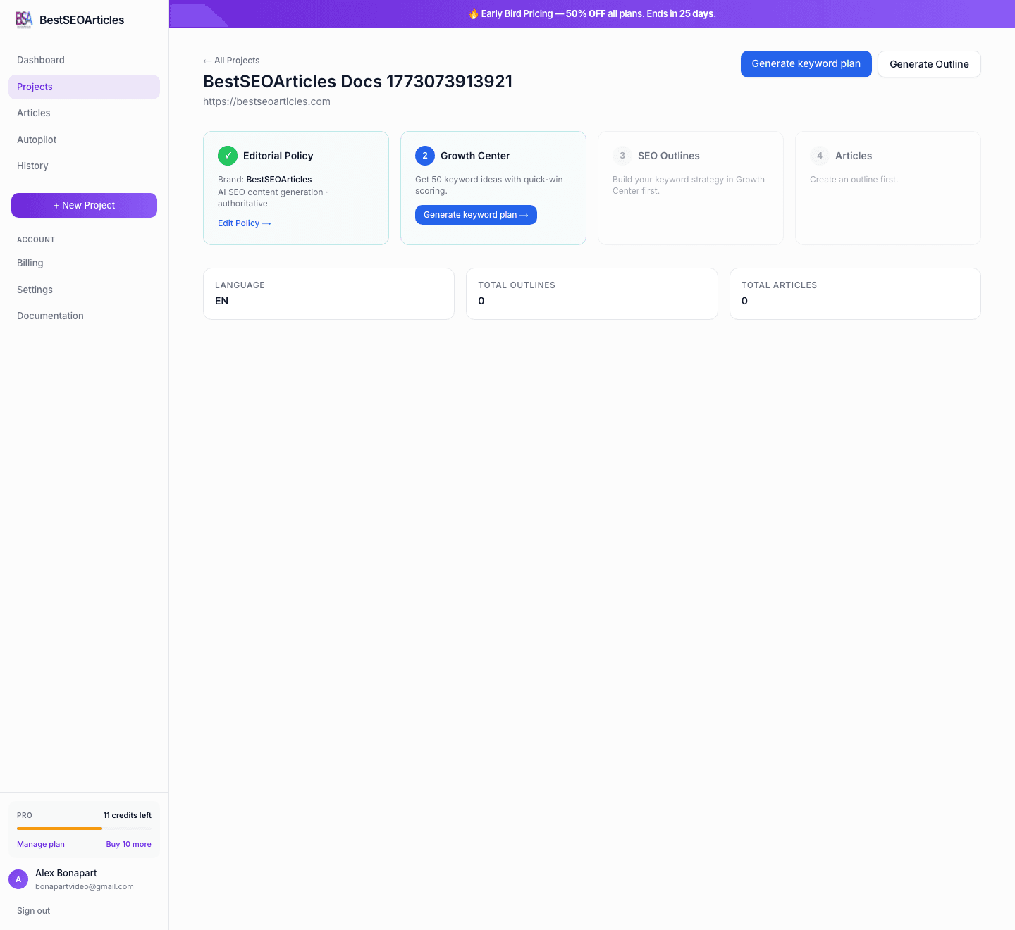 Project dashboard in BestSEOArticles
