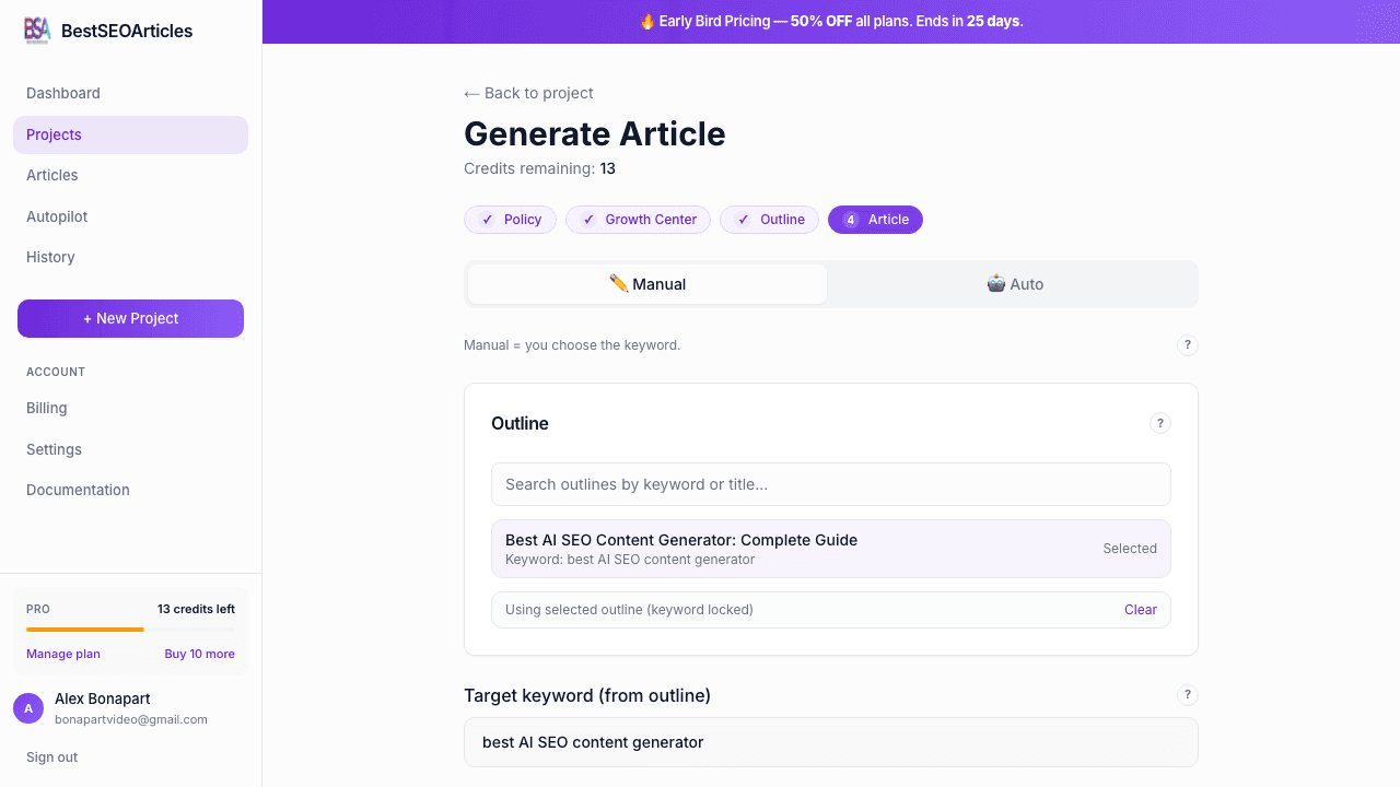 Article generation form in BestSEOArticles