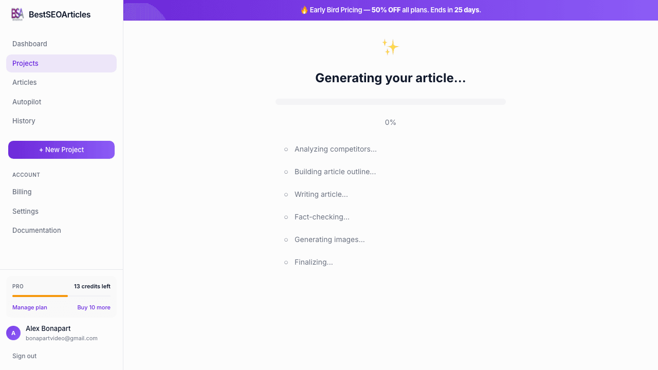 Article generation progress screen