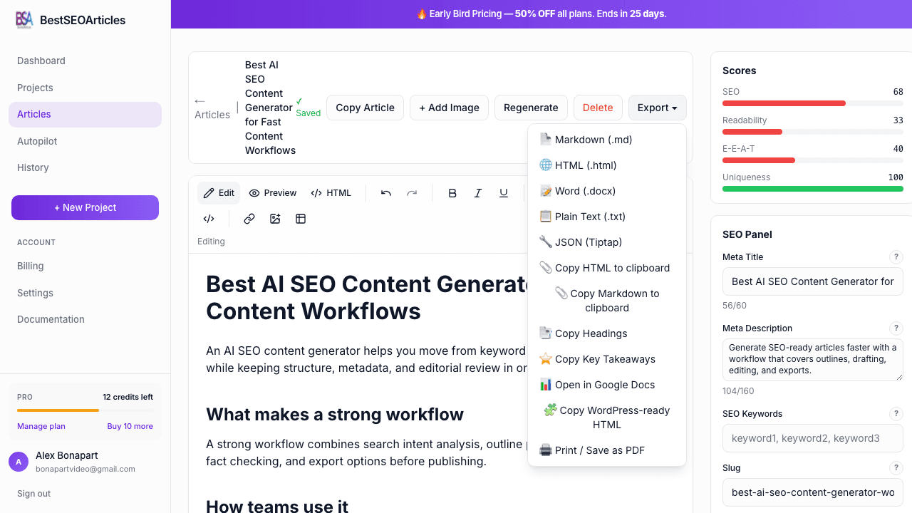Article export panel in BestSEOArticles