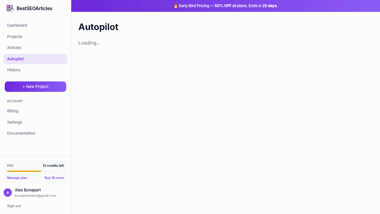 Autopilot dashboard in BestSEOArticles