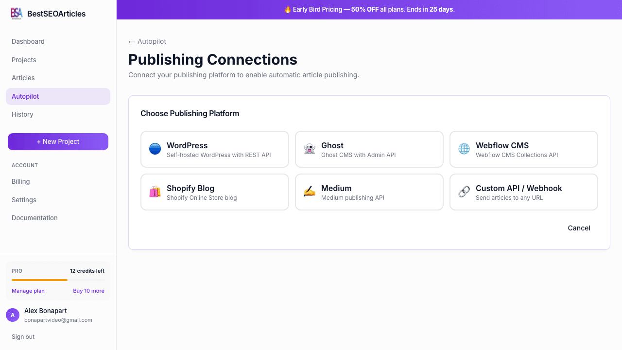 Publishing platform selection in BestSEOArticles