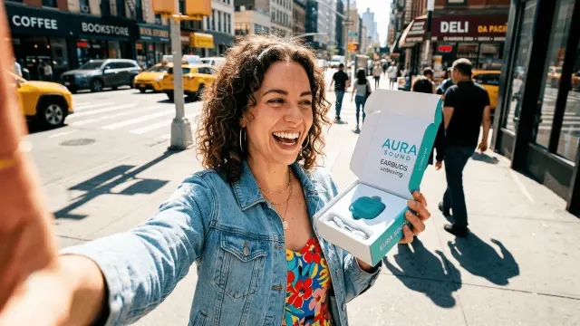 Creator showcasing a product box in the city for e-commerce brands