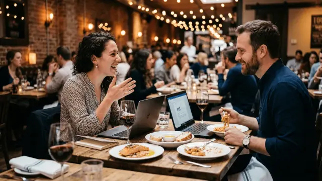 Two people discussing work at a restaurant table for agency teams