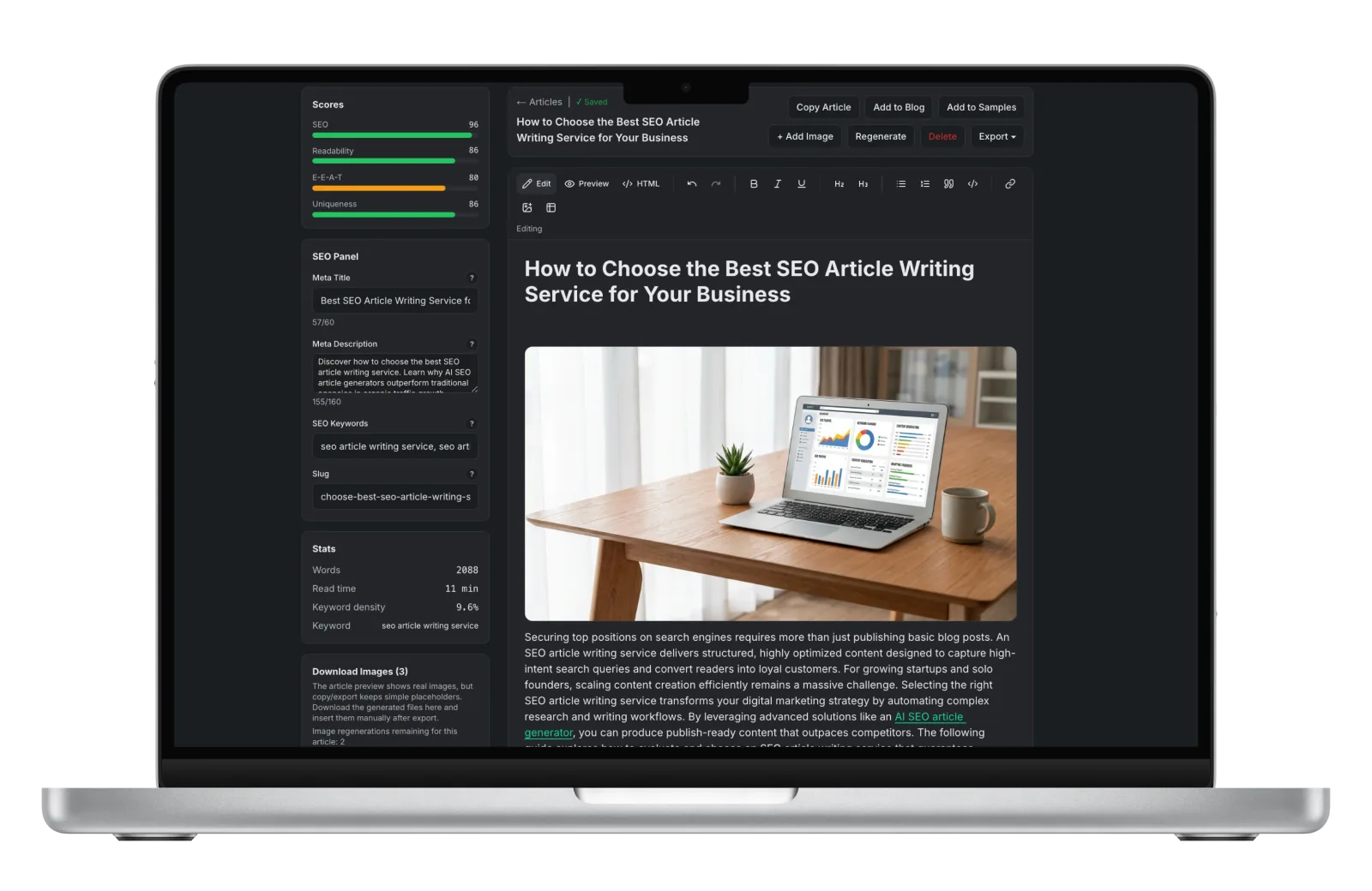 BestSEOArticles dashboard on MacBook Pro
